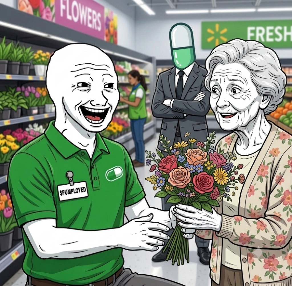 $PUMPLOYED worker giving flowers to a stranger
