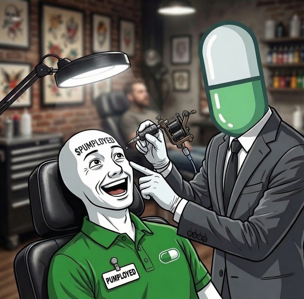 $PUMPLOYED worker getting ticker tattooed on forehead